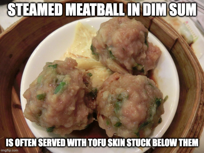Yum Cha Steamed Meatballs | STEAMED MEATBALL IN DIM SUM; IS OFTEN SERVED WITH TOFU SKIN STUCK BELOW THEM | image tagged in food,meatballs,memes | made w/ Imgflip meme maker