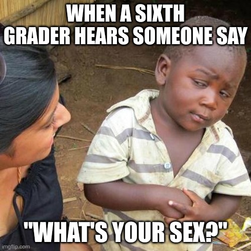 what's your sex | WHEN A SIXTH GRADER HEARS SOMEONE SAY; "WHAT'S YOUR SEX?" | image tagged in memes,third world skeptical kid | made w/ Imgflip meme maker
