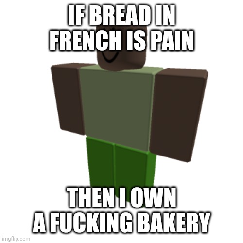 Roblox oc | IF BREAD IN FRENCH IS PAIN; THEN I OWN A FUCKING BAKERY | image tagged in roblox oc | made w/ Imgflip meme maker