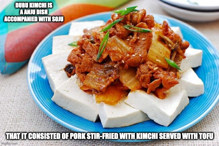 Dubu Kimchi | DUBU KIMCHI IS A ANJU DISH ACCOMPANIED WITH SOJU; THAT IT CONSISTED OF PORK STIR-FRIED WITH KIMCHI SERVED WITH TOFU | image tagged in food,tofu,kimchu,memes | made w/ Imgflip meme maker
