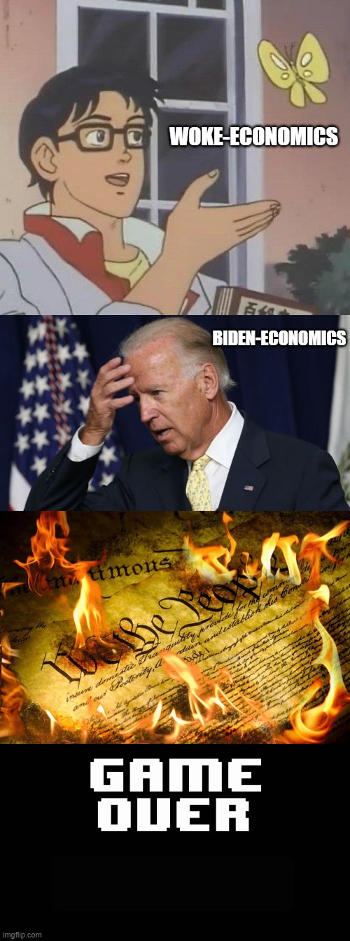 Nice Knowing Yawl | WOKE-ECONOMICS; BIDEN-ECONOMICS | image tagged in memes,is this a pigeon,joe biden worries,well that's all folks,undertale game over | made w/ Imgflip meme maker