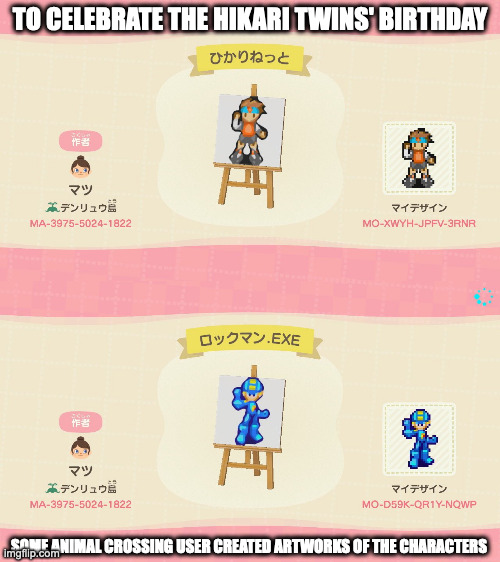 Hikari Twins on Animal Crossing | TO CELEBRATE THE HIKARI TWINS' BIRTHDAY; SOME ANIMAL CROSSING USER CREATED ARTWORKS OF THE CHARACTERS | image tagged in animal crossing,gaming,memes,megaman battle network,megamanexe,lan hikari | made w/ Imgflip meme maker