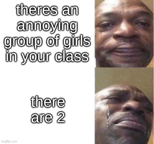 happened to me (NO HATE JUST RELATABLE MEME | theres an annoying group of girls in your class; there are 2 | image tagged in black guy crying | made w/ Imgflip meme maker