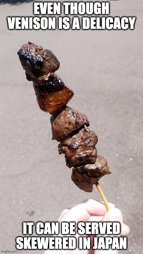 Skewered Deer Meat | EVEN THOUGH VENISON IS A DELICACY; IT CAN BE SERVED SKEWERED IN JAPAN | image tagged in food,memes | made w/ Imgflip meme maker