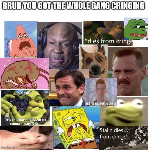 Bruh you got the whole gang cringing | image tagged in the gang cringes,memes,cringe | made w/ Imgflip meme maker
