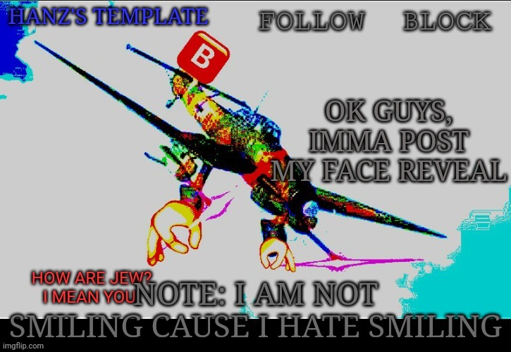 Hanz's Stuka Template | OK GUYS, IMMA POST MY FACE REVEAL; NOTE: I AM NOT SMILING CAUSE I HATE SMILING | image tagged in hanz's stuka template | made w/ Imgflip meme maker