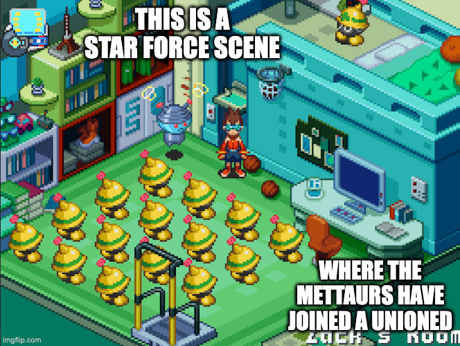 Mettaurs in Zack's Room | THIS IS A STAR FORCE SCENE; WHERE THE METTAURS HAVE JOINED A UNIONED | image tagged in gaming,megaman,megaman star force,memes | made w/ Imgflip meme maker