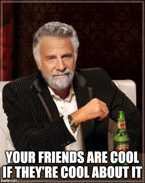 The Most Interesting Man In The World Meme | YOUR FRIENDS ARE COOL IF THEY'RE COOL ABOUT IT | image tagged in memes,the most interesting man in the world | made w/ Imgflip meme maker