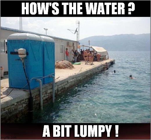 Fancy A Swim ? | HOW'S THE WATER ? A BIT LUMPY ! | image tagged in swimming,pollution,toilet,dark humour | made w/ Imgflip meme maker