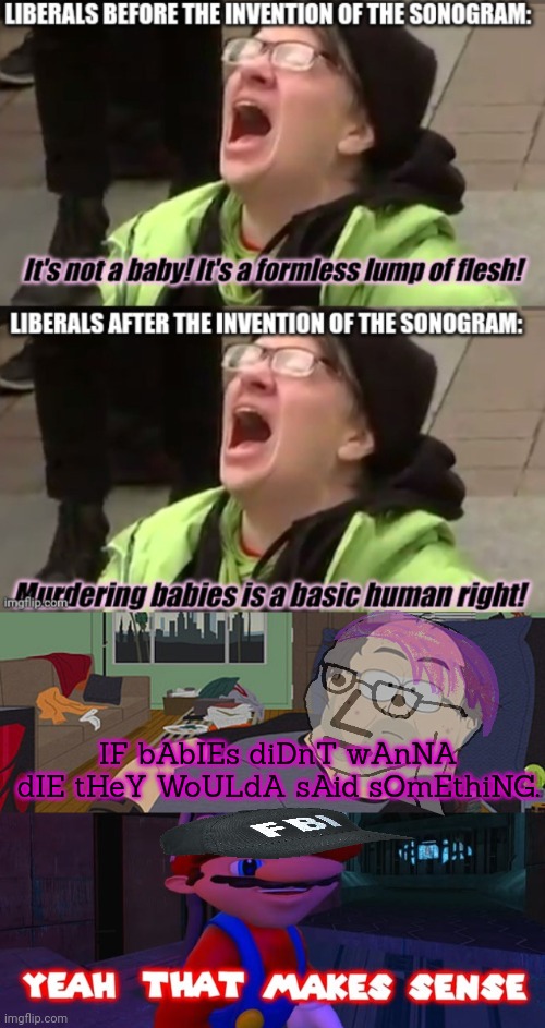 You convinced me. | IF bAbIEs diDnT wAnNA dIE tHeY WoULdA sAid sOmEthiNG. | image tagged in fat discord moderator,mario that make sense,kill em all | made w/ Imgflip meme maker