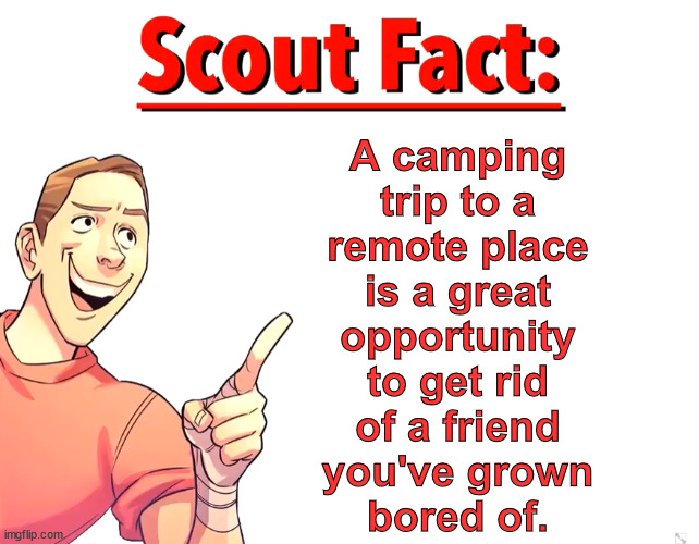 Scout Fact | A camping
trip to a
remote place
is a great
opportunity
to get rid
of a friend
you've grown
bored of. | image tagged in scout fact | made w/ Imgflip meme maker