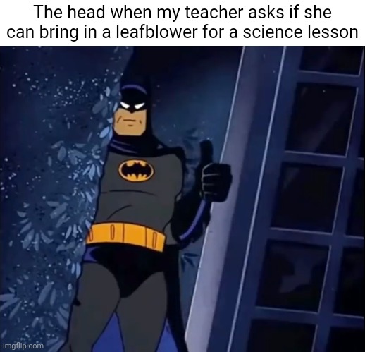Batman thumbs up | The head when my teacher asks if she can bring in a leafblower for a science lesson | image tagged in batman thumbs up,batman | made w/ Imgflip meme maker
