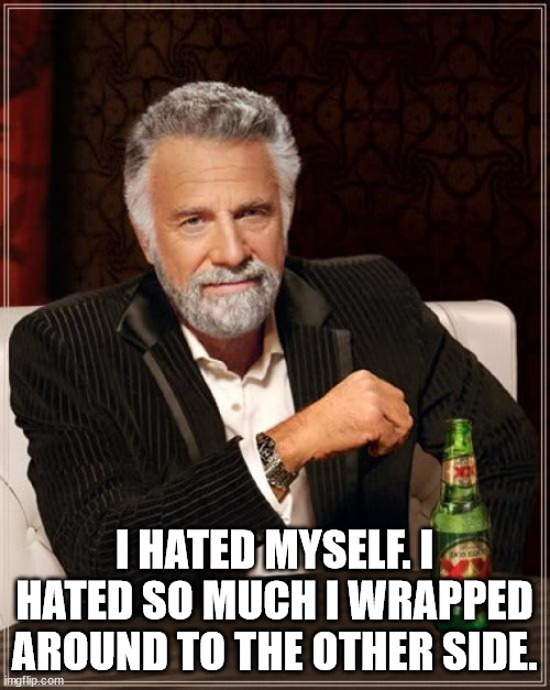 The Most Interesting Man In The World Meme | I HATED MYSELF. I HATED SO MUCH I WRAPPED AROUND TO THE OTHER SIDE. | image tagged in memes,the most interesting man in the world | made w/ Imgflip meme maker
