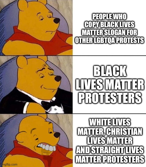 Bruh moment | PEOPLE WHO COPY BLACK LIVES MATTER SLOGAN FOR OTHER LGBTQA PROTESTS; BLACK LIVES MATTER PROTESTERS; WHITE LIVES MATTER, CHRISTIAN LIVES MATTER AND STRAIGHT LIVES MATTER PROTESTERS | image tagged in best better blurst,lgbtq,black lives matter,lgbt,protests | made w/ Imgflip meme maker