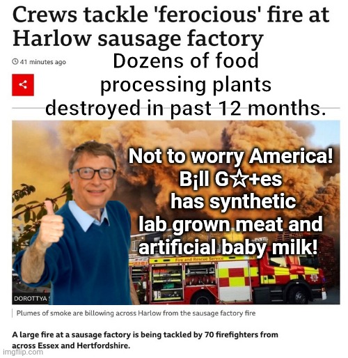 Food plant arson Bill Gates suspect | Dozens of food processing plants destroyed in past 12 months. Not to worry America!
B¡ll G☆+es  has synthetic lab grown meat and artificial baby milk! | image tagged in bill gates | made w/ Imgflip meme maker
