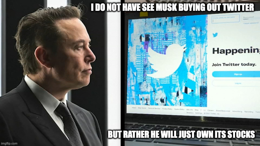 Elon Musk and Twitter | I DO NOT HAVE SEE MUSK BUYING OUT TWITTER; BUT RATHER HE WILL JUST OWN ITS STOCKS | image tagged in elon musk,twitter,memes | made w/ Imgflip meme maker