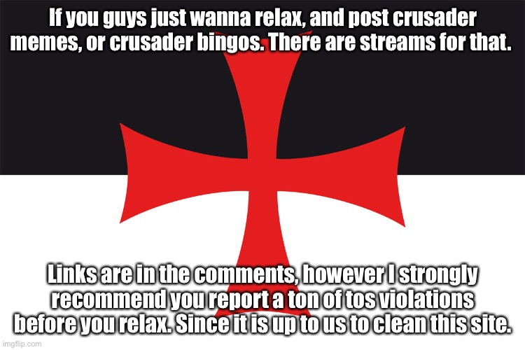 The Flag Of The Templars | If you guys just wanna relax, and post crusader memes, or crusader bingos. There are streams for that. Links are in the comments, however I strongly recommend you report a ton of tos violations before you relax. Since it is up to us to clean this site. | image tagged in the flag of the templars | made w/ Imgflip meme maker