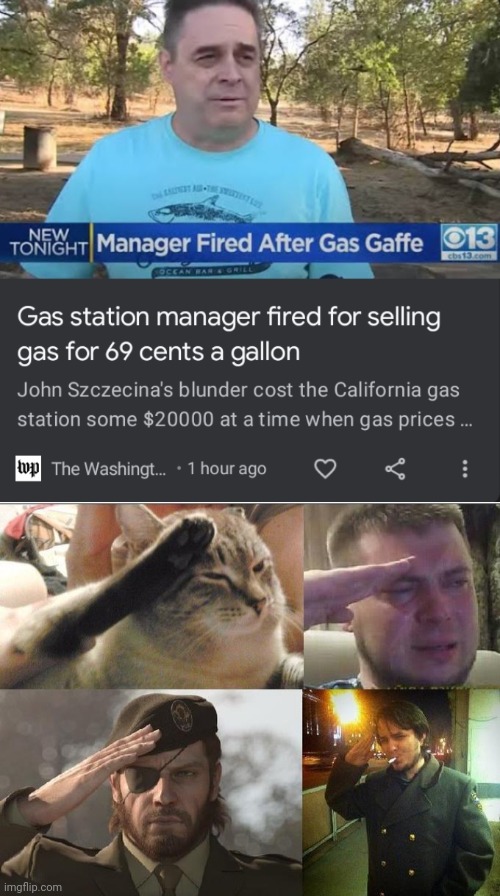 Our final cheap gas | image tagged in ozon's salute,gas,gas station,gas prices,salute | made w/ Imgflip meme maker