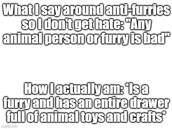 Guys I say that just bc I don't want hate I don't think its true. |  What I say around anti-furries so I don't get hate: "Any animal person or furry is bad"; How I actually am: *Is a furry and has an entire drawer full of animal toys and crafts* | image tagged in blank white template,sad but true | made w/ Imgflip meme maker