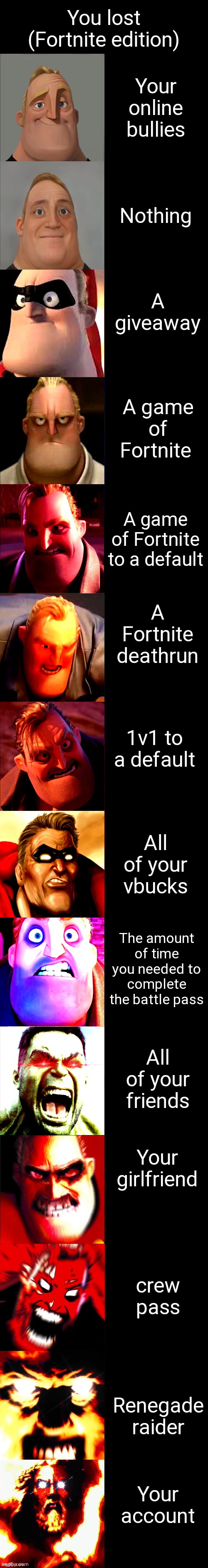 Mr. Incredible Becoming Angry Extended | You lost (Fortnite edition); Your online bullies; Nothing; A giveaway; A game of Fortnite; A game of Fortnite to a default; A Fortnite deathrun; 1v1 to a default; All of your vbucks; The amount of time you needed to complete the battle pass; All of your friends; Your girlfriend; crew pass; Renegade raider; Your account | image tagged in mr incredible becoming angry extended | made w/ Imgflip meme maker