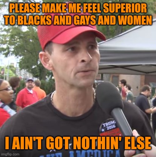 Just try and get this guy's vote, Democrats! | PLEASE MAKE ME FEEL SUPERIOR TO BLACKS AND GAYS AND WOMEN; I AIN'T GOT NOTHIN' ELSE | image tagged in trump supporter,racist,homophobe,sexist,voter fraud,more nothing | made w/ Imgflip meme maker