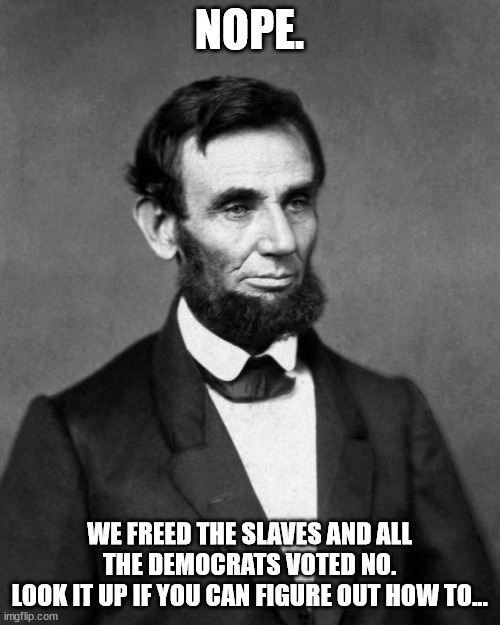 Abraham Lincoln | NOPE. WE FREED THE SLAVES AND ALL THE DEMOCRATS VOTED NO.
LOOK IT UP IF YOU CAN FIGURE OUT HOW TO... | image tagged in abraham lincoln | made w/ Imgflip meme maker