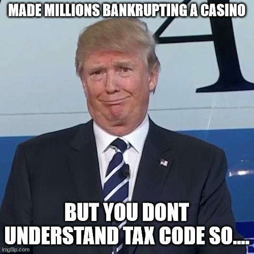 Lol, Donald Trump. Lol. | MADE MILLIONS BANKRUPTING A CASINO BUT YOU DONT UNDERSTAND TAX CODE SO.... | image tagged in lol donald trump lol | made w/ Imgflip meme maker