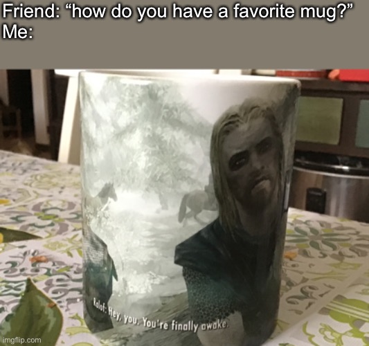 Yes, this is my mug, and yes, that is my dog in the top left | Friend: “how do you have a favorite mug?”
Me: | image tagged in mug,skyrim | made w/ Imgflip meme maker