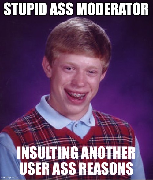 Got 3rd comment ban for ass reason nig-ga mod. | STUPID ASS MODERATOR; INSULTING ANOTHER USER ASS REASONS | image tagged in memes,bad luck brian | made w/ Imgflip meme maker