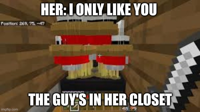 Insert good title | HER: I ONLY LIKE YOU; THE GUY'S IN HER CLOSET | image tagged in memes,minecraft | made w/ Imgflip meme maker