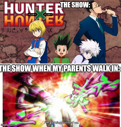 The violence has taken the innocence from my eye pupils. | THE SHOW:; THE SHOW WHEN MY PARENTS WALK IN: | image tagged in hunter x hunter,hisoka | made w/ Imgflip meme maker