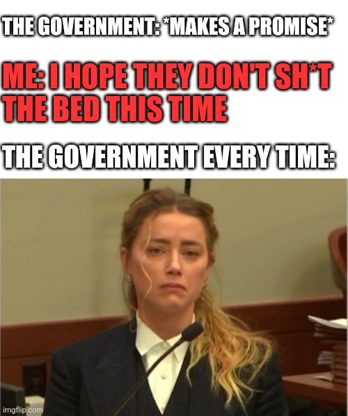 They always do | THE GOVERNMENT: *MAKES A PROMISE*; ME: I HOPE THEY DON'T SH*T THE BED THIS TIME; THE GOVERNMENT EVERY TIME: | image tagged in amber turd | made w/ Imgflip meme maker