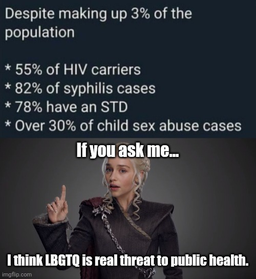 Canceling LBGTQ would actually save lives and many from a life of misery. | If you ask me... I think LBGTQ is real threat to public health. | image tagged in danerys points up | made w/ Imgflip meme maker