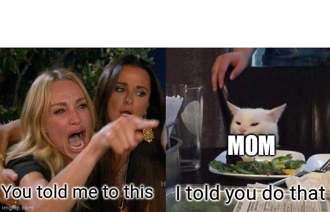 Woman Yelling At Cat | MOM; You told me to this; I told you do that | image tagged in memes,woman yelling at cat | made w/ Imgflip meme maker