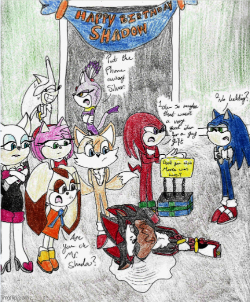 Its Shadow's birthday!  Sorry for the poor quality, it was on paper and it didn't scan well | image tagged in my sonic drawings,shadow's birthday,maria lol,oh wow are you actually reading these tags | made w/ Imgflip meme maker