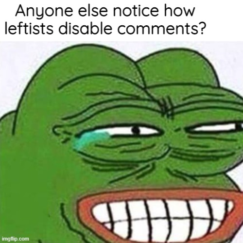 Awww did the MAGA people hurt your sensibilities? Can't keep up? Can't handle being roasted? Awww cry me a river | Anyone else notice how leftists disable comments? | image tagged in leftists,pepe the frog | made w/ Imgflip meme maker