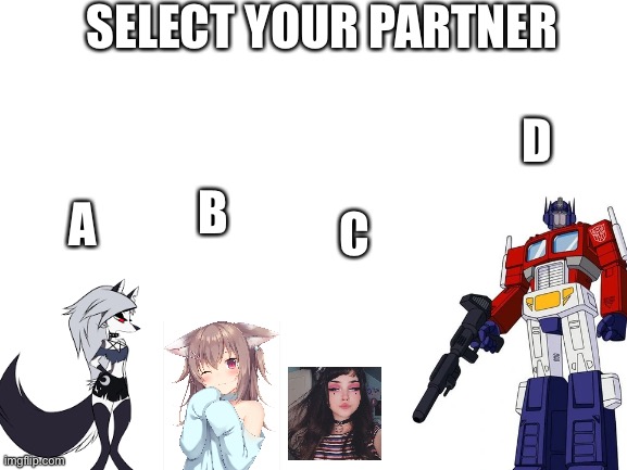 Blank White Template | SELECT YOUR PARTNER; D; A; B; C | image tagged in blank white template | made w/ Imgflip meme maker