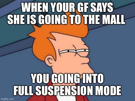 When your new to being a bf | WHEN YOUR GF SAYS SHE IS GOING TO THE MALL; YOU GOING INTO FULL SUSPENSION MODE | image tagged in memes,futurama fry | made w/ Imgflip meme maker