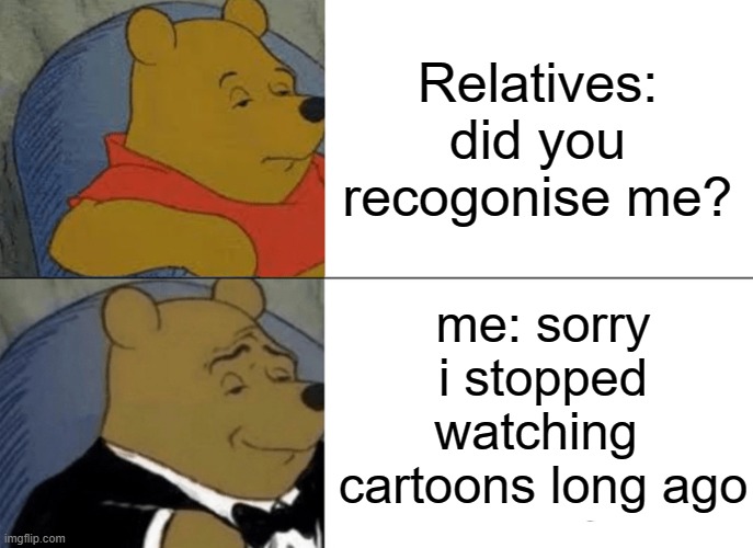 Tuxedo Winnie The Pooh | Relatives: did you recogonise me? me: sorry
 i stopped 
watching 
cartoons long ago | image tagged in memes,tuxedo winnie the pooh,haha,savage memes | made w/ Imgflip meme maker