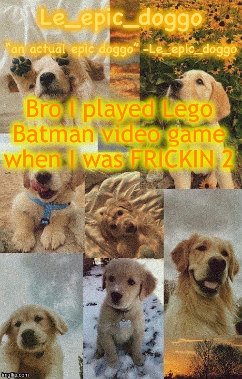 Doggo temp by doggo. Wait what that’s confusing | Bro I played Lego Batman video game when I was FRICKIN 2 | image tagged in doggo temp by doggo wait what that s confusing | made w/ Imgflip meme maker