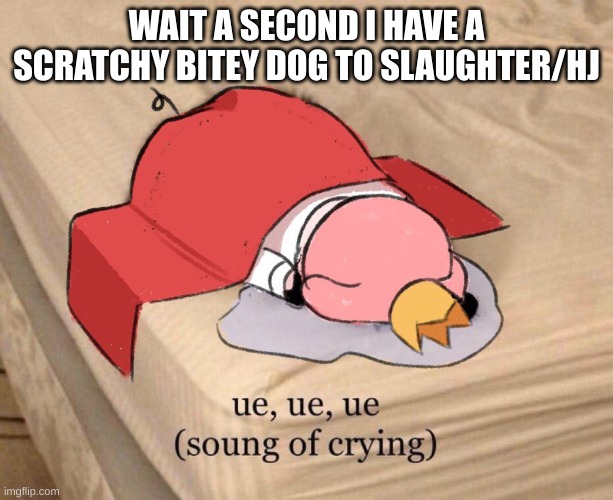 ue ue ue soung of crying | WAIT A SECOND I HAVE A SCRATCHY BITEY DOG TO SLAUGHTER/HJ | image tagged in ue ue ue soung of crying | made w/ Imgflip meme maker