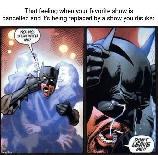 Favorite show cancelled | That feeling when your favorite show is cancelled and it's being replaced by a show you dislike: | image tagged in batman don't leave me,favorite show,funny,memes,blank white template,meme | made w/ Imgflip meme maker