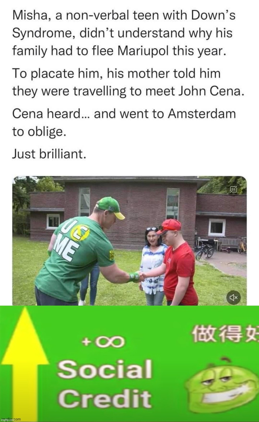 Alright John Cena I accept your apology | image tagged in autistic teen flees mariupol,social credit,social,credit,based,zhong xina | made w/ Imgflip meme maker