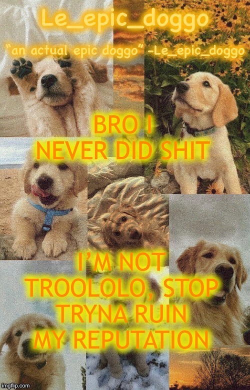Doggo temp by doggo. Wait what that’s confusing | BRO I NEVER DID SHIT; I’M NOT TROOLOLO, STOP TRYNA RUIN MY REPUTATION | image tagged in doggo temp by doggo wait what that s confusing | made w/ Imgflip meme maker