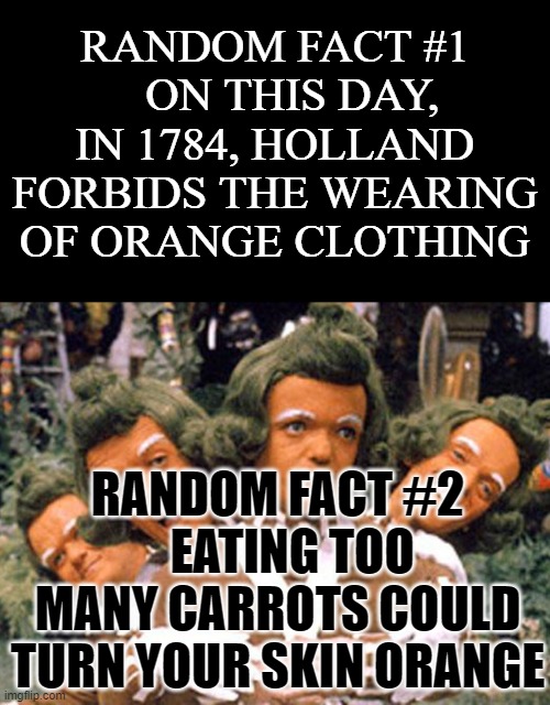 Random Facts | RANDOM FACT #1    ON THIS DAY, IN 1784, HOLLAND FORBIDS THE WEARING OF ORANGE CLOTHING; RANDOM FACT #2    EATING TOO MANY CARROTS COULD TURN YOUR SKIN ORANGE | image tagged in orange,facts,true story | made w/ Imgflip meme maker