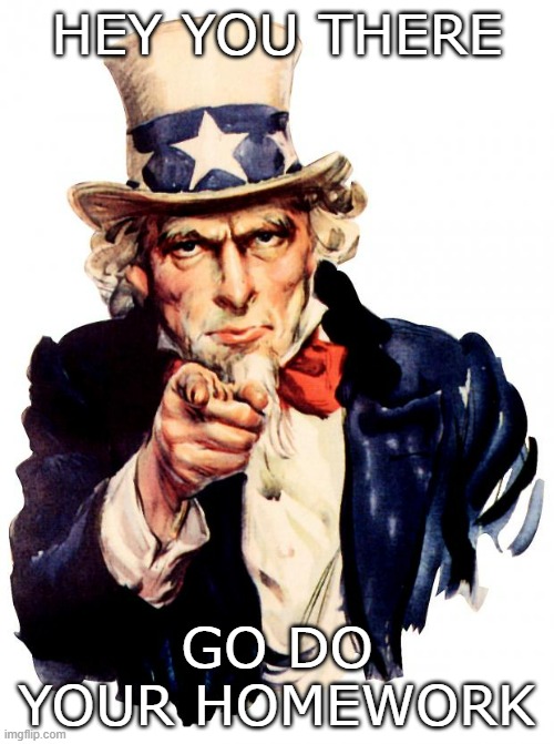 Ye go do it | HEY YOU THERE; GO DO YOUR HOMEWORK | image tagged in memes,uncle sam | made w/ Imgflip meme maker