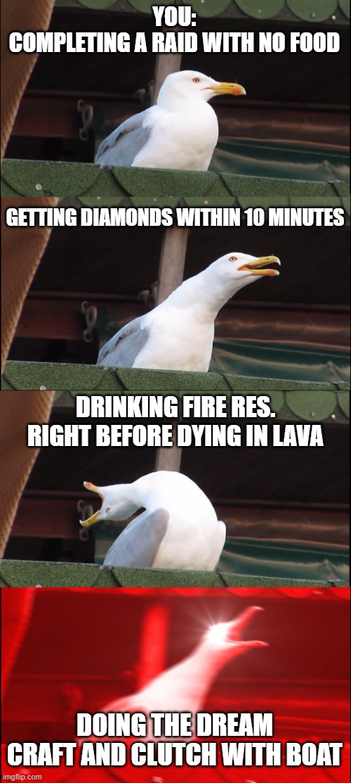 Minecraft Moment | YOU:
COMPLETING A RAID WITH NO FOOD; GETTING DIAMONDS WITHIN 10 MINUTES; DRINKING FIRE RES. RIGHT BEFORE DYING IN LAVA; DOING THE DREAM CRAFT AND CLUTCH WITH BOAT | image tagged in memes,inhaling seagull | made w/ Imgflip meme maker