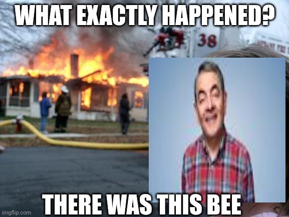 Disaster Girl | WHAT EXACTLY HAPPENED? THERE WAS THIS BEE | image tagged in memes,disaster girl | made w/ Imgflip meme maker