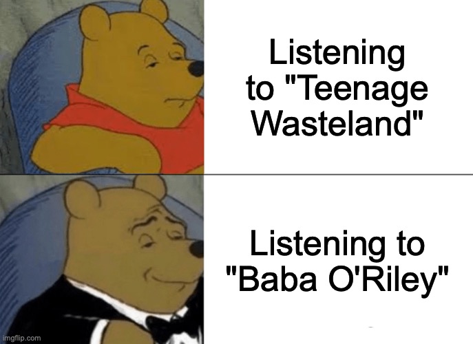Correct Song Title |  Listening to "Teenage Wasteland"; Listening to "Baba O'Riley" | image tagged in memes,tuxedo winnie the pooh,the who,songs,names | made w/ Imgflip meme maker