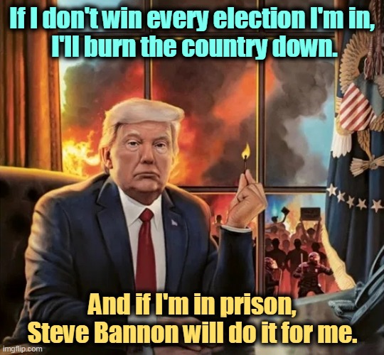 Democracy? That's in the Constitution, right? Yeah, fuhgeddaboudit. | If I don't win every election I'm in, 
I'll burn the country down. And if I'm in prison, Steve Bannon will do it for me. | image tagged in trump,hate,democracy,love,fascism,steve bannon | made w/ Imgflip meme maker